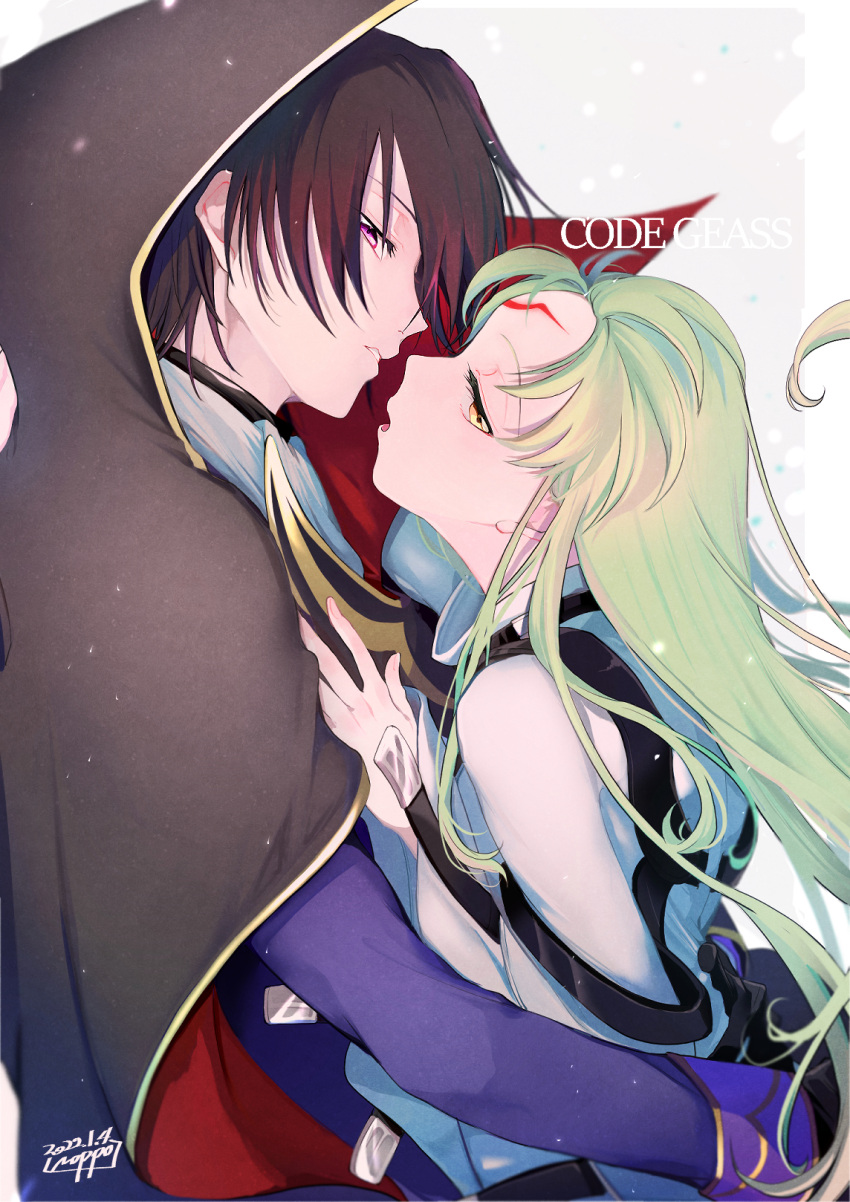 1boy 1girl black_gloves c.c. cape code_geass copyright_name eyelashes facial_mark forehead_mark gloves green_hair highres hug lelouch_lamperouge long_hair looking_at_viewer noppo open_mouth parted_lips