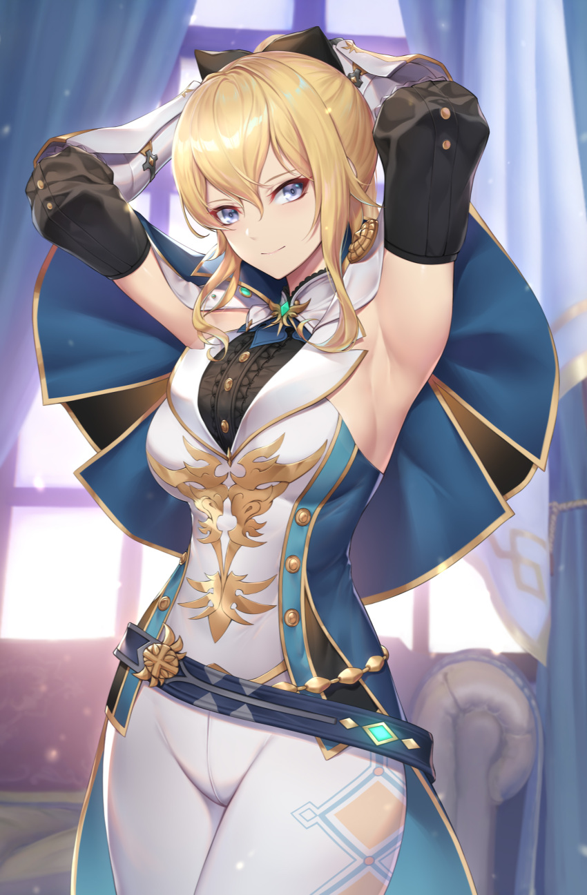 1girl absurdres armpits arms_behind_head arms_up bangs belt blonde_hair blue_belt blue_capelet blue_eyes bow breasts capelet closed_mouth cross curtains detached_sleeves frills gauntlets genshin_impact gold_trim hair_between_eyes hair_bow highres indoors jean_(genshin_impact) jean_(gunnhildr's_legacy)_(genshin_impact) long_hair looking_at_viewer medium_breasts nasaniliu pants purple_eyes sidelocks smile solo white_pants window