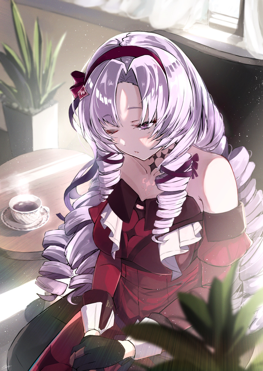 1girl absurdres bangs bare_shoulders black_choker black_gloves blush breasts choker cup detached_sleeves dress drill_hair eyebrows_visible_through_hair gloves hair_ribbon hairband highres hyakumantenbara_salome indoors large_breasts light_particles long_hair long_sleeves nijisanji one_eye_closed own_hands_together parted_lips plant potted_plant purple_eyes purple_hair purple_hairband purple_ribbon red_dress ribbon sitting solo strapless strapless_dress table tea teacup very_long_hair virtual_youtuber window yukai_nao