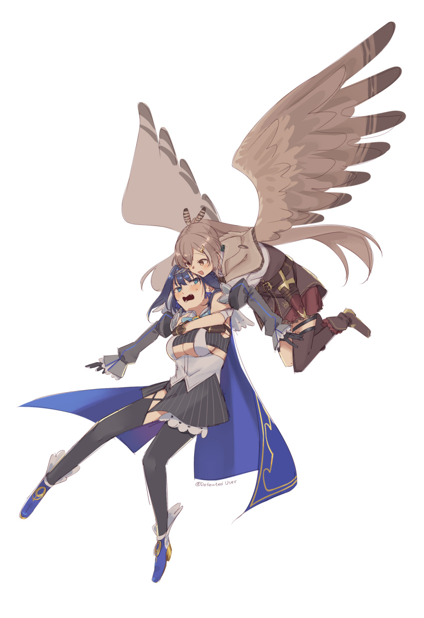2girls ahoge ankle_boots asymmetrical_clothes asymmetrical_legwear bangs belt bird_girl bird_wings black_gloves black_legwear blue_cape blue_hair blue_ribbon boots brown_capelet brown_cloak brown_corset brown_eyes brown_hair cape capelet carrying carrying_person cleavage_cutout cloak clothing_cutout corset dagger detached_sleeves feather_hair_ornament feathers flying gloves hair_intakes hair_ornament hairclip head_chain heart-shaped_gem hetareeji high_heels highres hololive hololive_english knee_strap kneehighs knife long_hair looking_at_another micro_shorts miniskirt multicolored_hair multiple_girls nanashi_mumei ouro_kronii partially_fingerless_gloves pinstripe_pattern pleated_skirt ponytail red_skirt ribbon sailor_collar shirt short_hair shorts single_kneehigh single_thighhigh skirt sleeveless sleeveless_shirt streaked_hair striped sweatdrop tank_top thigh_strap thighhighs underboob_cutout veil very_long_hair virtual_youtuber weapon white_shirt wings zipper