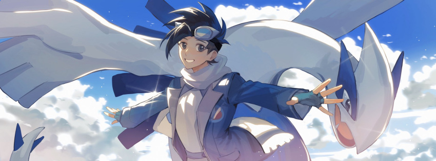 1boy black_hair blue_jacket cloud commentary_request day ethan_(pokemon) fingerless_gloves gloves goggles goggles_on_head grey_eyes highres jacket looking_at_viewer lugia male_focus official_alternate_costume outdoors pokemon pokemon_(creature) pokemon_(game) pokemon_masters_ex scarf shirt short_hair sky smile spiked_hair white_scarf white_shirt xiguamao41