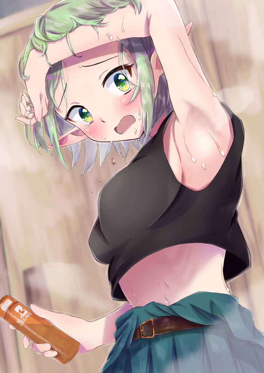 absurdres aoi_(princess_connect!) arm_on_head arm_up armpits belt black_tank_top blush breasts can deodorant dripping embarrassed from_below green_hair highres holding holding_can messy_hair midriff okome0620 open_mouth pointy_ears princess_connect! ribs short_hair sidelocks sleeveless small_breasts steam sweat tank_top wiping_face yellow_eyes