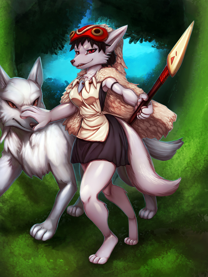 3:4 ambiguous_gender anthro barefoot black_clothing breasts canid canine canis cape clothing day digital_media_(artwork) digitigrade duo feet female feral fur general-irrelevant ghibli grey_body grey_fur hi_res holding_object holding_spear holding_weapon looking_at_viewer mammal mask melee_weapon outside plant polearm princess_mononoke red_eyes san_(princess_mononoke) smile spear standing tree weapon wolf