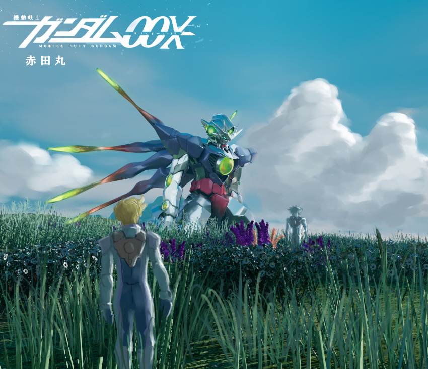 00_qan[t] 2boys absurdres akada_maruko aqua_eyes back blonde_hair blue_sky cloud commentary copyright_name cropped_legs els field flower flower_field from_behind graham_aker gundam gundam_00 gundam_00_a_wakening_of_the_trailblazer highres kneeling mecha mobile_suit multiple_boys pilot_suit scenery science_fiction setsuna_f._seiei sky v-fin