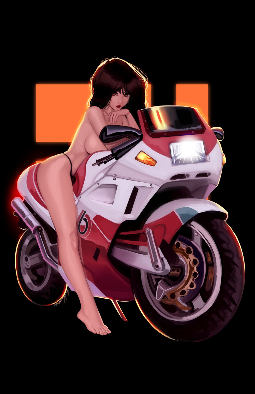 1girl absurdres barefoot big_hair black_background black_hair black_panties breasts brown_eyes calvin_sims convenient_arm full_body golden_boy ground_vehicle highleg highleg_panties highres large_breasts lipstick long_legs looking_at_viewer makeup motor_vehicle motorcycle on_motorcycle panties pinup_(style) red_lips ribs sideboob solo terayama_reiko toes topless underwear