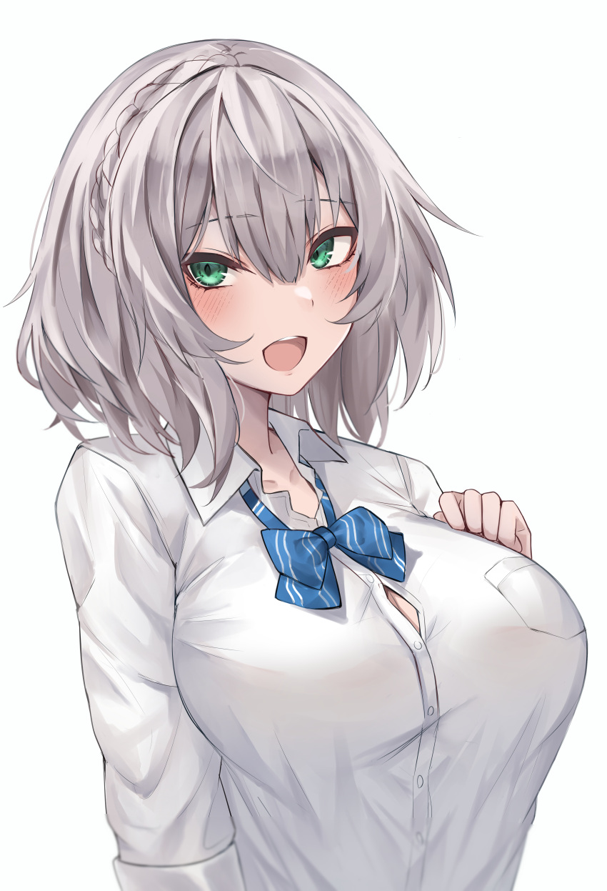 1girl absurdres bangs blue_bow blush bow bowtie braid breasts button_gap collared_shirt dress_shirt eyebrows_visible_through_hair french_braid green_eyes grey_hair hair_between_eyes hangetsu15 highres hololive large_breasts long_sleeves looking_at_viewer open_mouth shirogane_noel shirt short_hair simple_background sleeves_folded_up solo virtual_youtuber wavy_hair white_background white_shirt