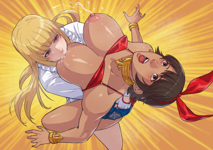 2girls absurdres bearhug blonde_hair blue_eyes bow bracelet breast_sucking breasts brown_eyes cirenk dark_skin fingerless_gloves gloves hair_bow head_back highres jewelry josie_rizal lactation large_breasts lili_(tekken) multiple_girls open_mouth sweat tekken tekken_7 toned yuri