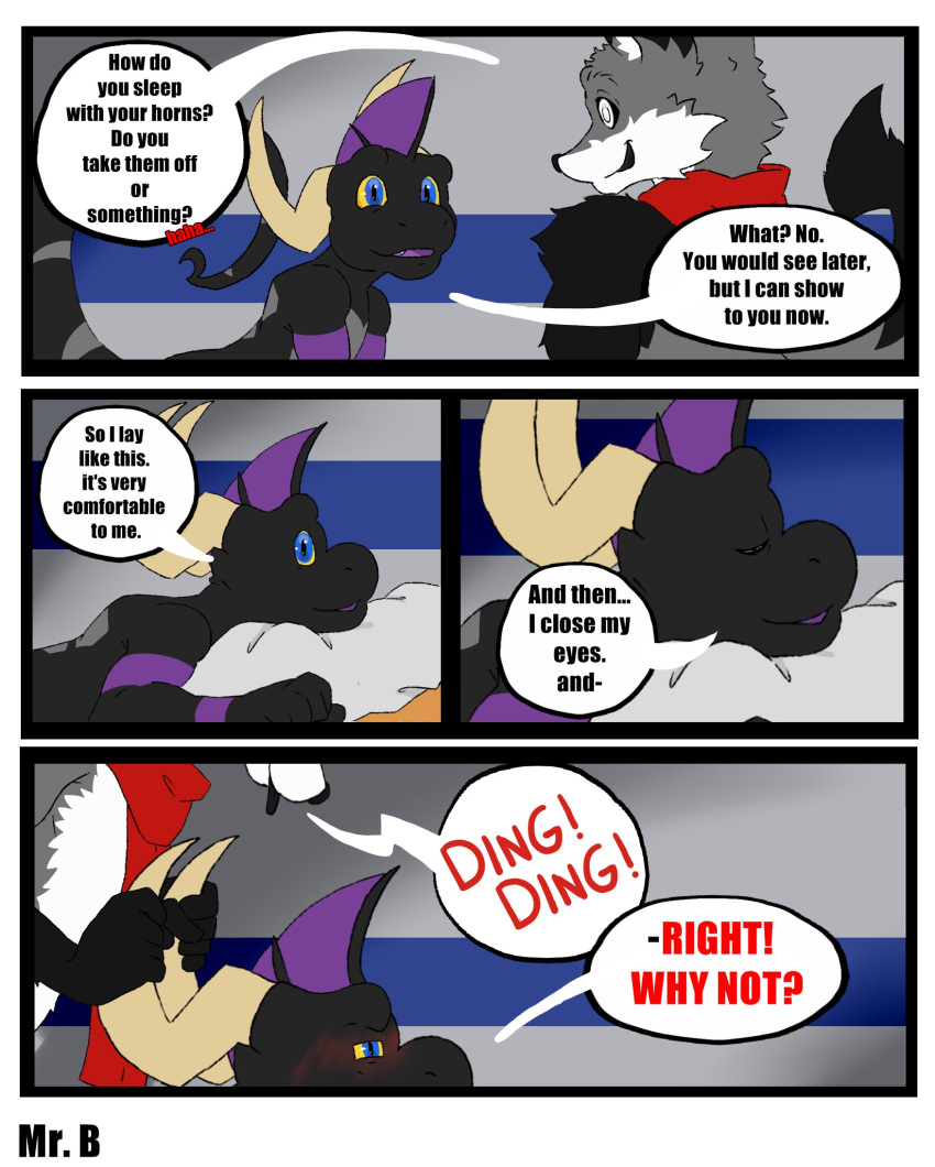 anthro blush canid canine comic comic_panel dragon duo english_text fox fur hi_res horn horn_grab male male/male mammal mostly_nude mr.brapion nude scales scarf scarf_only suggestive suggestive_pose text