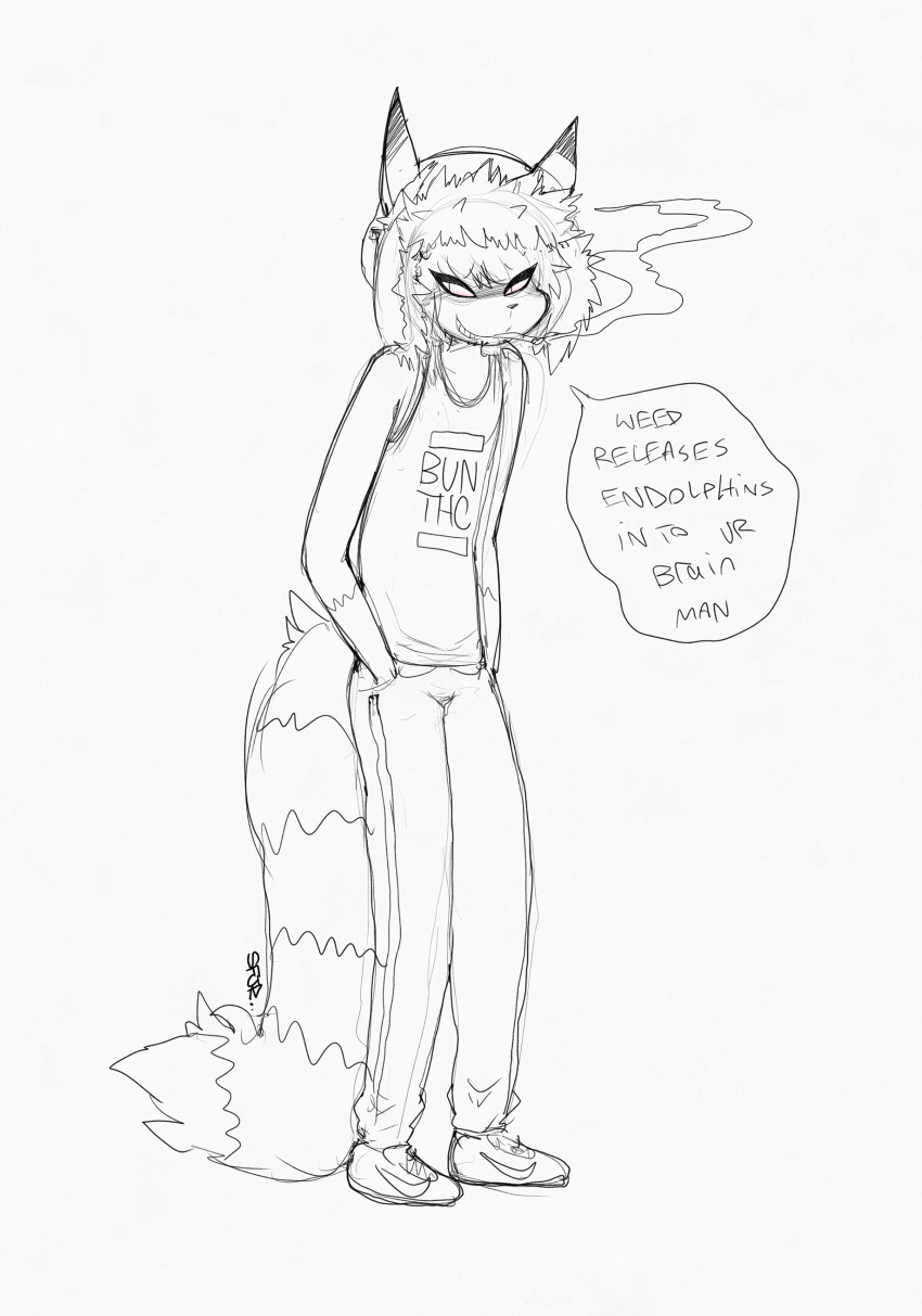 2019 absurd_res anthro clothing dialogue digital_drawing_(artwork) digital_media_(artwork) drugs english_text fluffy fluffy_tail footwear hand_in_pocket hi_res male mammal marijuana monochrome monotone_background nike pockets prick_ears procyonid raccoon shirt shoes simple_background sketch smile smoke smokyjai sneakers solo spliff_coon standing talking_to_viewer tank_top text text_on_clothing text_on_shirt text_on_tank_top text_on_topwear topwear track_pants white_background