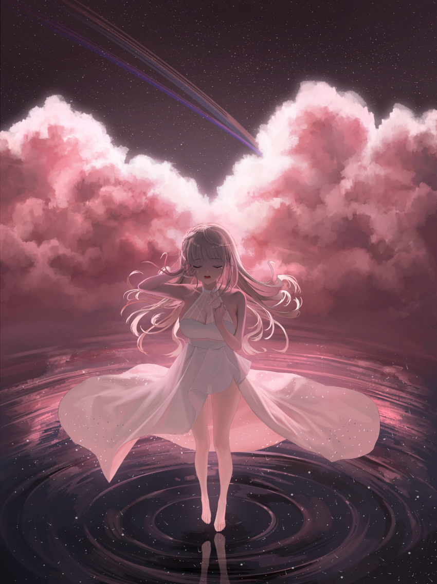 1girl bangs bare_legs barefoot breasts brown_hair cleavage closed_eyes cloud crying dress facing_viewer full_body hand_up highres kiko_maya large_breasts legs long_dress long_hair lower_teeth mole mole_under_eye open_mouth pink_sky reflection reflective_water ripples sky sleeveless sleeveless_dress solo standing standing_on_liquid star_(sky) starry_sky teeth tokkihouse turtleneck_dress white_dress yumepercent