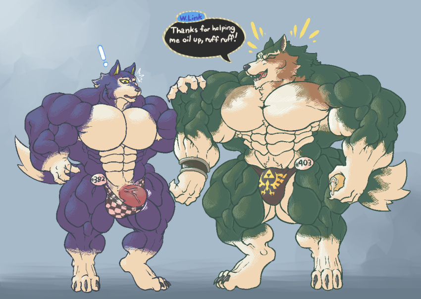 animal_crossing anthro big_muscles canid canine canis english_text link_(wolf_form) lobo_(animal_crossing) male male/male mammal muscular muscular_male muscules nintendo schwartzgeist text the_legend_of_zelda video_games wolf