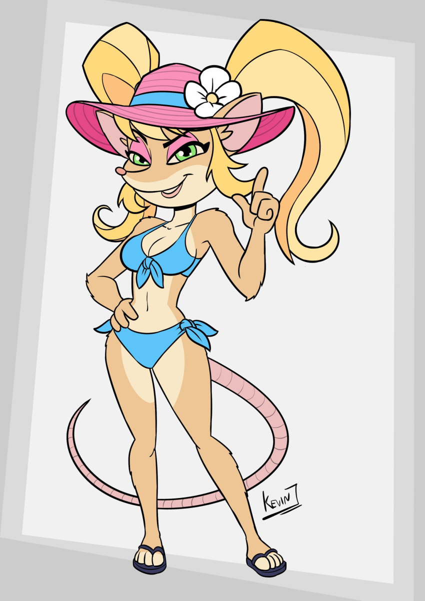 activision anthro bikini blonde_hair breasts cleavage clothed clothing crash_bandicoot_(series) crash_team_racing_(series) eyeshadow flower_in_hat footwear fur green_eyes hair hat headgear headwear hi_res kevintrentin lipstick makeup pasadena_o'possum paws pigtails sandals scarf shoes summer sun_hat swimwear thick_thighs tight_clothing video_games