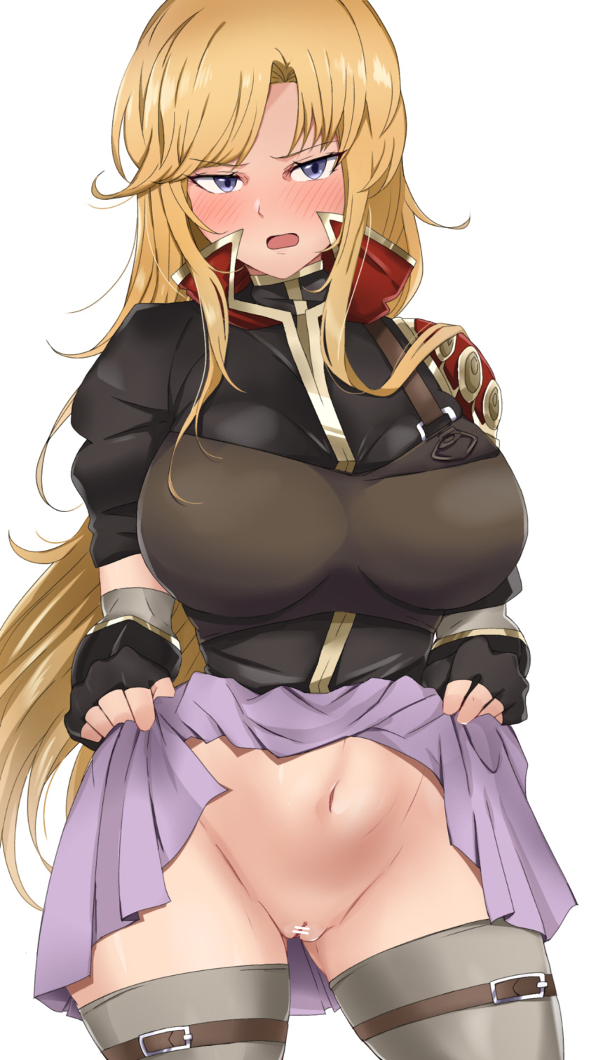 1girl armor ass_visible_through_thighs bar_censor black_gloves black_shirt blonde_hair blush breastplate breasts censored clarisse_(fire_emblem) clothes_lift cowboy_shot eyebrows_visible_through_hair fingerless_gloves fire_emblem fire_emblem:_new_mystery_of_the_emblem fire_emblem_heroes full-face_blush gloves groin highres large_breasts lifted_by_self long_hair looking_at_viewer miniskirt navel no_panties open_mouth purple_eyes pussy shirt short_sleeves simple_background skirt skirt_lift solo thighhighs toshimasa_(ztvy3575) very_long_hair white_background