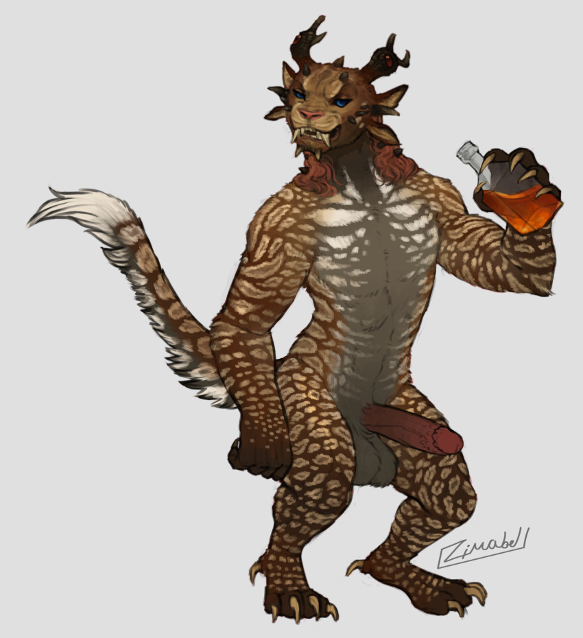 2022 4_ears 4_horns balls big_balls big_penis biped blue_eyes bottle brown_body brown_fur charr claws dewclaw digital_media_(artwork) fangs felid finger_claws flat_chested fur genitals grey_body grey_fur guild_wars gynomorph hair hi_res holding_bottle holding_object horn humanoid_genitalia humanoid_penis intersex mammal multi_ear multi_horn penis red_hair simple_background solo toe_claws video_games white_background white_body white_fur zimabel