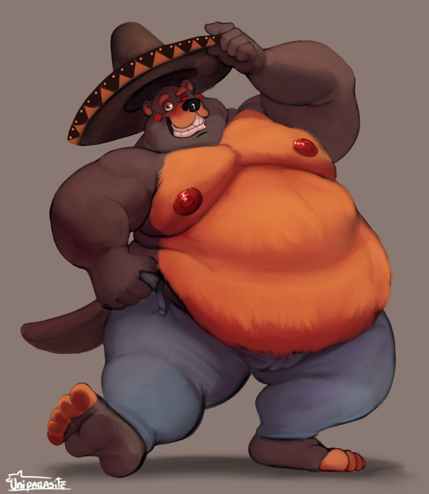 anthro beaver belly big_belly clothing el_chip_(fnaf) five_nights_at_freddy's freddy_fazbear's_pizzeria_simulator hat headgear headwear hi_res humanoid_hands looking_at_viewer male mammal moobs nipples one_eye_closed overweight overweight_anthro overweight_male rodent scottgames smile solo sombrero teeth toothy_grin uniparasite video_games wink