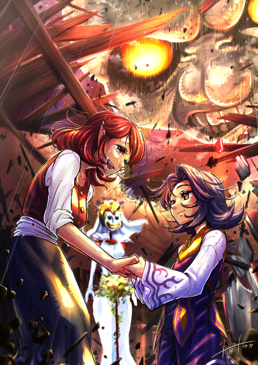 1boy 1girl absurdres anju brown_eyes brown_vest grey_skirt highres holding_hands kafei looking_at_another mihanada-totsuki moon_(majora's_mask) pants purple_hair purple_pants purple_vest red_hair shirt skirt smile tears the_legend_of_zelda the_legend_of_zelda:_majora's_mask vest white_shirt