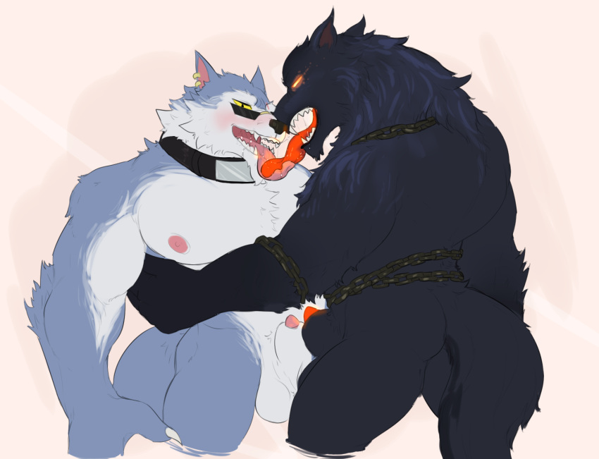 anthro balls big_balls canid canine canis chain claws duo ear_piercing eyewear fenrir_(smite) freddy_(dislyte) genitals glasses glowing glowing_eyes glowing_genitalia glowing_penis glowing_tongue himerosthegod kissing long_tongue male male/male mammal muscular penis piercing simple_background tongue wolf yellow_eyes
