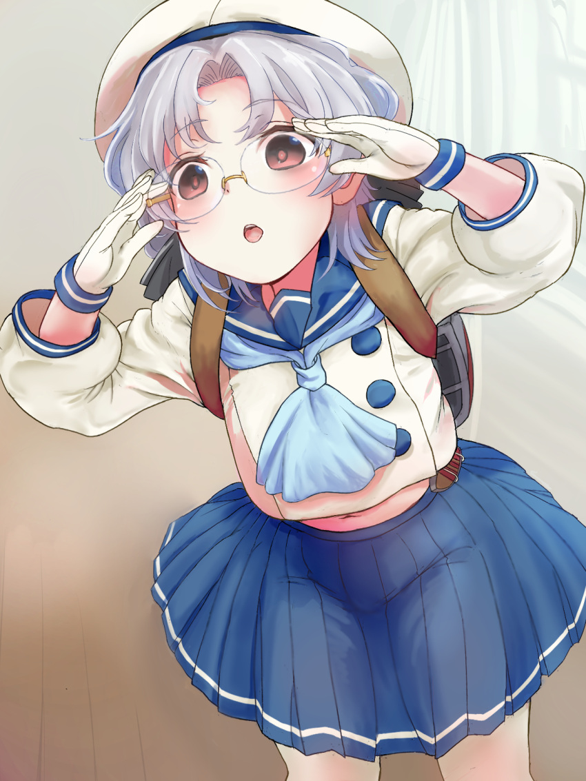 1girl blue_sailor_collar blue_skirt blush brown_eyes em_s eyebrows_visible_through_hair feet_out_of_frame glasses gloves grey_hair hat highres hirato_(kancolle) kantai_collection long_sleeves open_mouth pleated_skirt rimless_eyewear sailor_collar sailor_hat school_uniform serafuku short_hair skirt solo white_gloves white_headwear