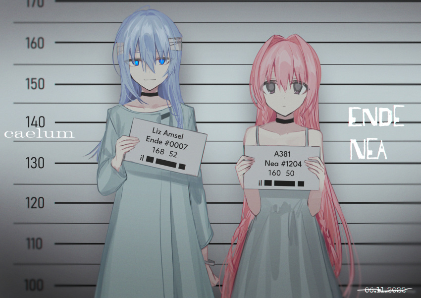 bandaged_head bandages bangs bare_arms bare_shoulders black_choker blue_eyes blue_hair braid character_name chihuri choker closed_mouth collared_shirt commentary_request dated dress eyebrows_visible_through_hair hair_between_eyes hair_intakes hand_up hands_up highres holding holding_sign lineup long_hair long_sleeves looking_at_viewer original pink_hair purple_eyes shirt sign sleeveless sleeveless_dress smile twin_braids very_long_hair white_dress