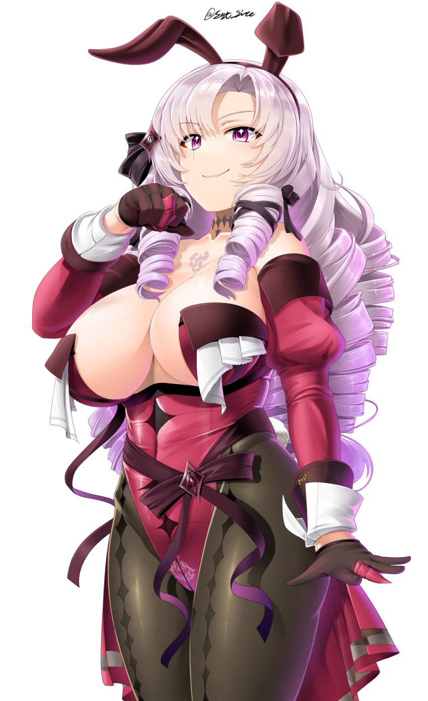 1girl adapted_costume animal_ears bangs black_choker black_ribbon breasts brown_gloves brown_legwear chest_tattoo choker claw_ring cleavage closed_mouth cowboy_shot detached_sleeves drill_hair fake_animal_ears gloves hair_ribbon highres hyakumantenbara_salome juliet_sleeves large_breasts leotard long_hair long_sleeves nijisanji pantyhose playboy_bunny puffy_sleeves purple_eyes purple_hair rabbit_ears red_leotard ribbon saizu_nitou_gunsou simple_background solo standing strapless strapless_leotard tattoo very_long_hair virtual_youtuber white_background