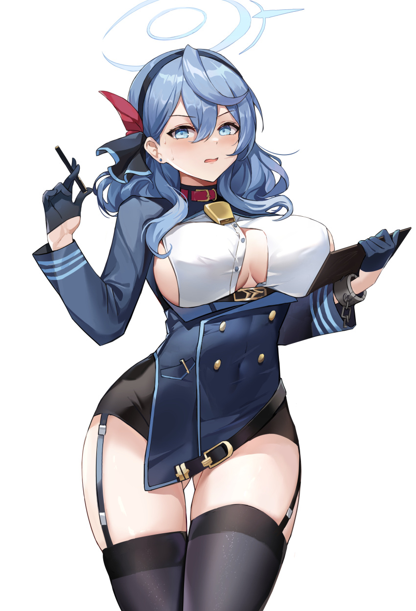 1girl absurdres ako_(blue_archive) bangs blue_archive blue_eyes blue_hair blue_jacket breasts cleavage_cutout clipboard clothing_cutout cowboy_shot garter_straps hair_between_eyes halo highres holding holding_clipboard jacket kuza_brs large_breasts long_hair looking_at_viewer parted_lips shirt sideboob solo standing sweat thighhighs white_shirt