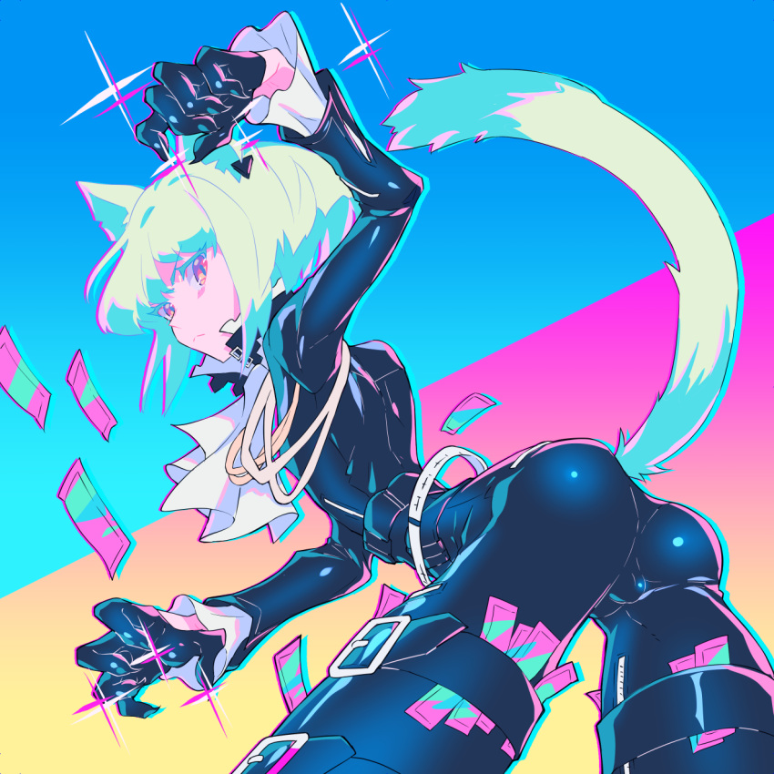 androgynous animal_ears black_gloves bulge cat_boy cat_ears cat_tail fingernails from_behind frown gloves green_hair highres lio_fotia looking_at_viewer looking_back male_focus neon_palette promare sharp_fingernails short_hair skin_tight sparkle tail wazuka_(wzzc)