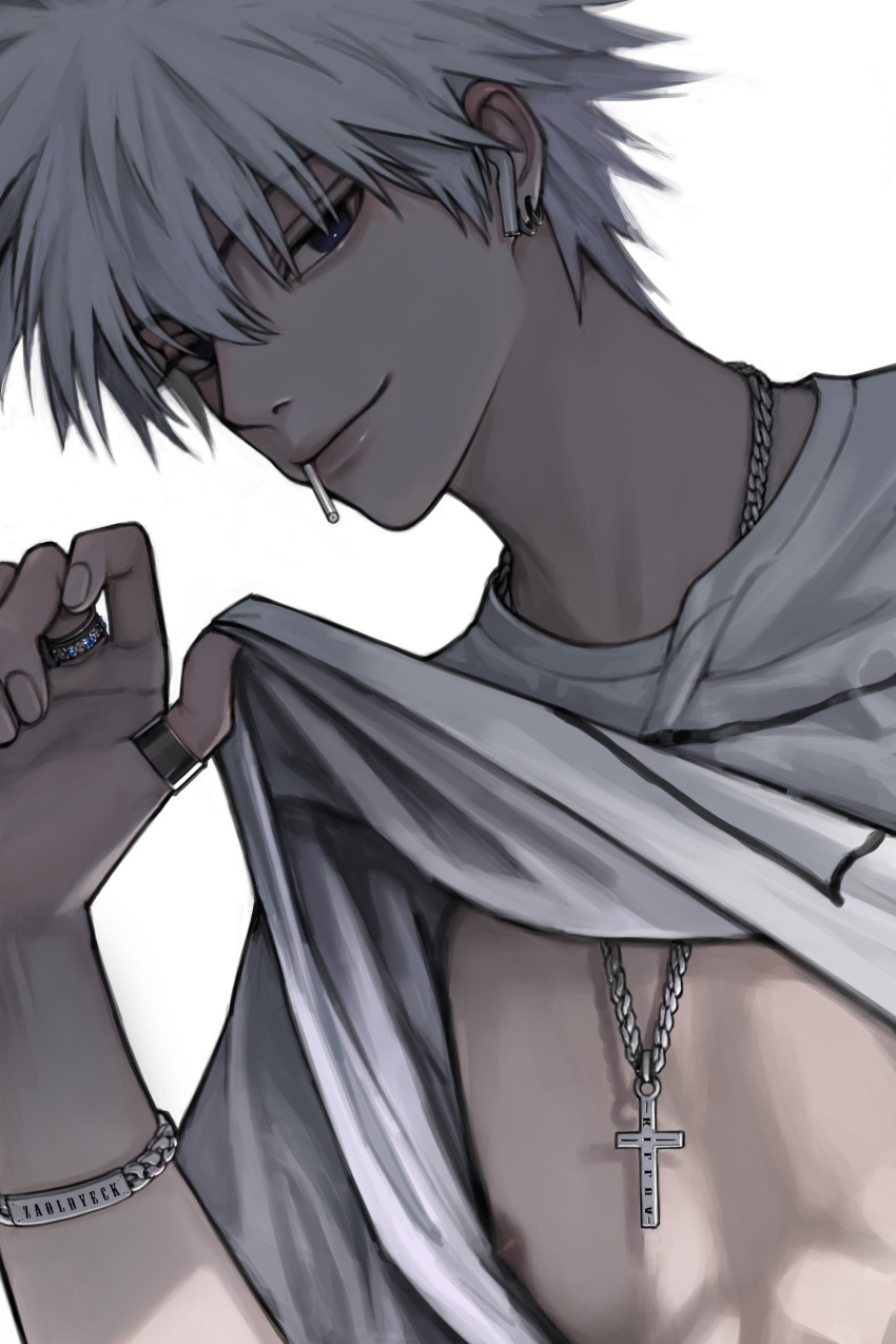 1boy absurdres blue_eyes bracelet candy clothes_lift cross cross_necklace earbuds earphones earrings food food_in_mouth hair_between_eyes hand_up highres hunter_x_hunter jewelry killua_zoldyck lifted_by_self likeu_99 lips lollipop long_sleeves looking_at_viewer male_focus mouth_hold multiple_earrings necklace nipples older shirt shirt_lift simple_background smirk solo t-shirt thumb_ring toned toned_male upper_body white_background white_hair white_shirt