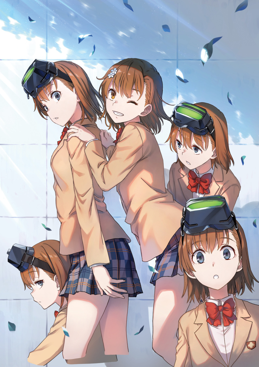 5girls bangs blazer bow bowtie breasts brown_eyes brown_hair brown_jacket cropped_arms cropped_legs cropped_torso dress_shirt flower front_to_back fuyukawa_motoi goggles goggles_on_head grey_eyes grey_skirt grin hair_flower hair_ornament hairclip hands_on_another's_shoulders head-mounted_display highres jacket leaf looking_at_another looking_at_viewer looking_back looking_to_the_side misaka_imouto misaka_mikoto multiple_girls official_art one_eye_closed parted_lips plaid plaid_skirt red_bow red_bowtie school_uniform shirt short_hair siblings sisters skirt small_breasts smile stone_wall toaru_kagaku_no_railgun toaru_majutsu_no_index tokiwadai_school_uniform wall white_flower white_shirt wind