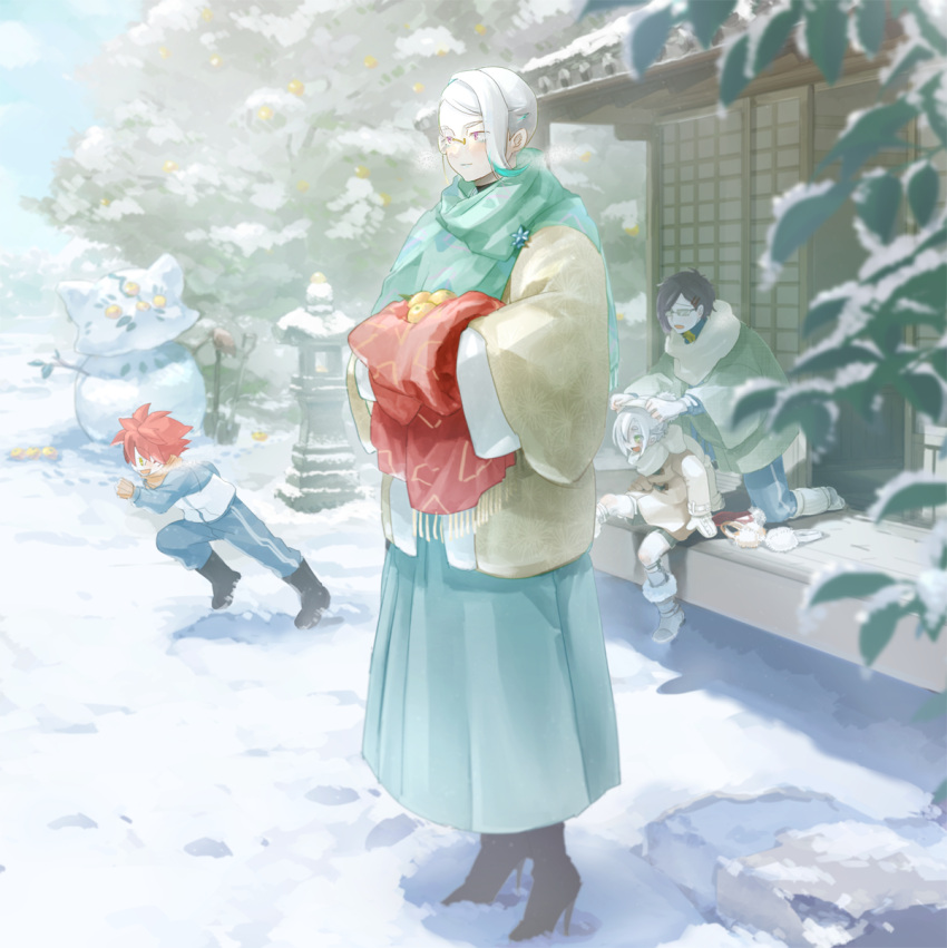 4boys :d aizen_kunitoshi akashi_kuniyuki architecture black_footwear black_hair blue_pants boots breath coat day dressing_another earmuffs_removed east_asian_architecture flower food footprints fruit fruit_tree fur-trimmed_boots fur_trim green_hair green_scarf hakama high_heel_boots high_heels highres hotarumaru japanese_clothes kneeling laughing long_sleeves looking_at_another male_focus mandarin_orange mittens monocle muff multicolored_hair multiple_boys on_floor outdoors pants plant porch red_hair running scarf sitting sliding_doors smile snow snowman solo_focus standing stone_lantern streaked_hair tomoegata_naginata touken_ranbu track_suit tree veranda white_hair wide_sleeves winter_clothes yb_(yb_by)