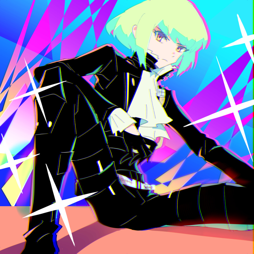 androgynous belt black_gloves frilled_sleeves frills frown gloves green_hair highres knee_pads lio_fotia looking_at_viewer male_focus promare short_hair sidelocks sitting sparkle wazuka_(wzzc)