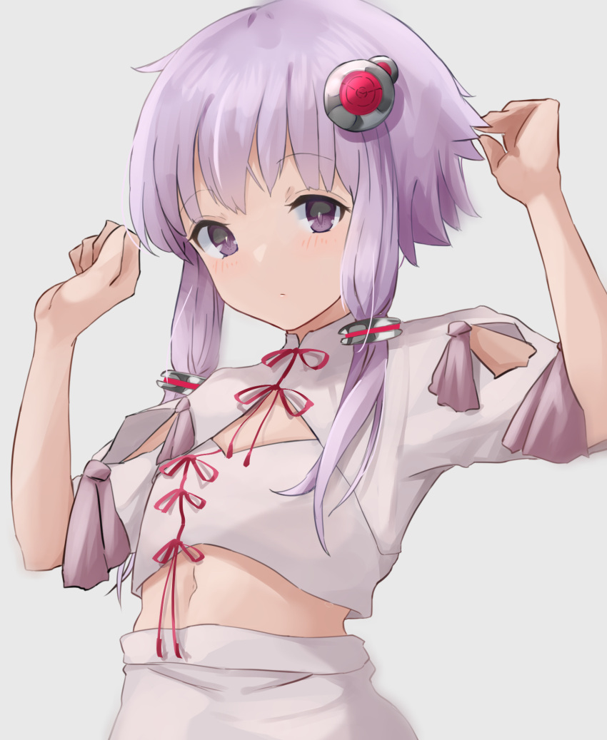 1girl arm_up blush closed_mouth grey_background hair_ornament hand_up highres long_hair looking_at_viewer puffy_short_sleeves puffy_sleeves purple_eyes purple_hair shirt short_sleeves sidelocks simple_background skirt solo upper_body vocaloid voiceroid white_shirt white_skirt yusake_san yuzuki_yukari