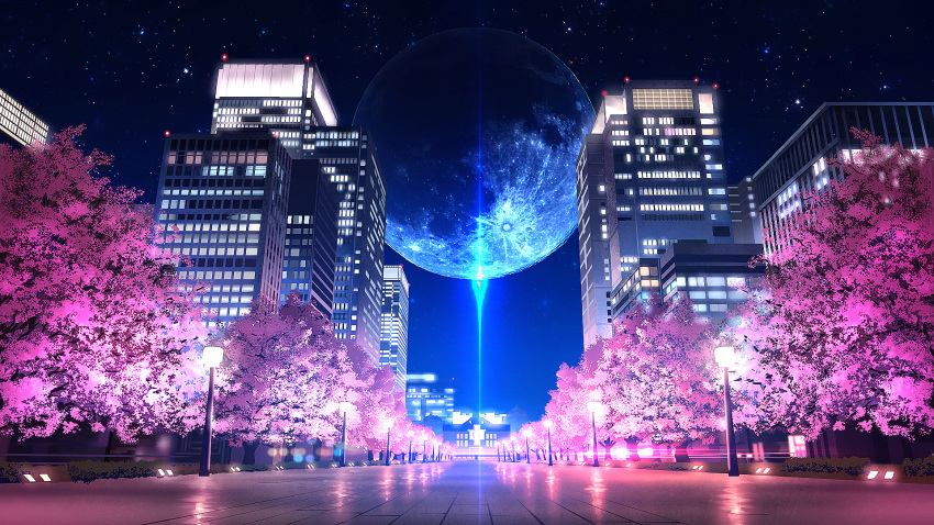 building cherry_blossoms city cityscape commentary_request fantasy highres lamppost moon night night_sky no_humans original outdoors reflection scenery sky skyscraper smile_(qd4nsvik) star_(sky) starry_sky tree