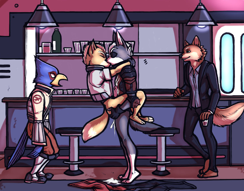 anal anal_penetration anthro avian being_watched bird bodily_fluids bottomless canid canine canis clothed clothing falco_lombardi fox fox_mccloud genitals hi_res kissing looking_at_another luraiokun male male/male mammal marty_shepard nintendo penetration penis sex stand_and_carry_position standing standing_sex star_fox video_games wolf wolf_o'donnell