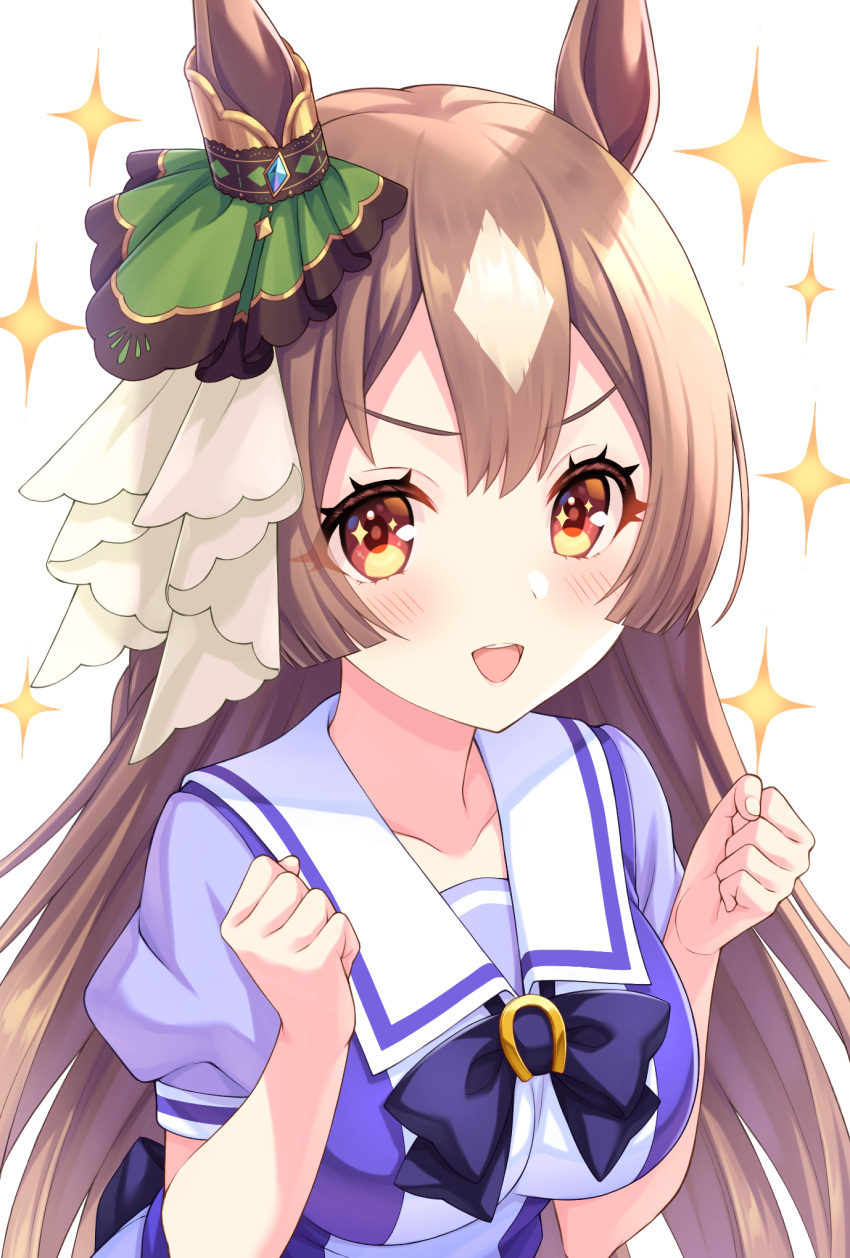 1girl :d animal_ears bangs blue_bow blue_shirt blush bow breasts brown_eyes brown_hair clenched_hands commentary_request ear_ribbon eyebrows_visible_through_hair green_ribbon hands_up highres horse_ears horse_girl large_breasts long_hair looking_at_viewer medium_breasts multicolored_hair puffy_short_sleeves puffy_sleeves red_eyes ribbon satono_diamond_(umamusume) school_uniform shirt short_sleeves simple_background smile solo sparkle sparkling_eyes teeth tomo_(tmtm_mf_mf) tracen_school_uniform two-tone_hair umamusume upper_body upper_teeth v-shaped_eyebrows very_long_hair white_background white_hair