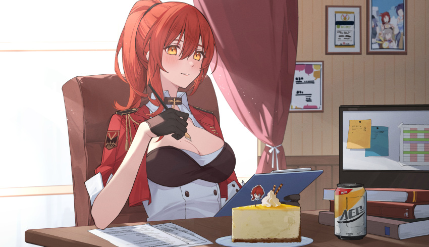 1girl absurdres alternate_hairstyle bangs beer_can billboard book bow breasts brown_gloves cake cake_slice can chair cleavage clipboard closed_mouth curtains desk food gloves highres holding holding_clipboard holding_pen honkai_(series) honkai_impact_3rd indoors jacket looking_at_viewer murata_himeko murata_himeko_(battle_storm) office office_chair paper pen picture_frame plate ponytail red_bow red_jacket second-party_source short_sleeves smile tsukino_(nakajimaseiki) window yellow_eyes