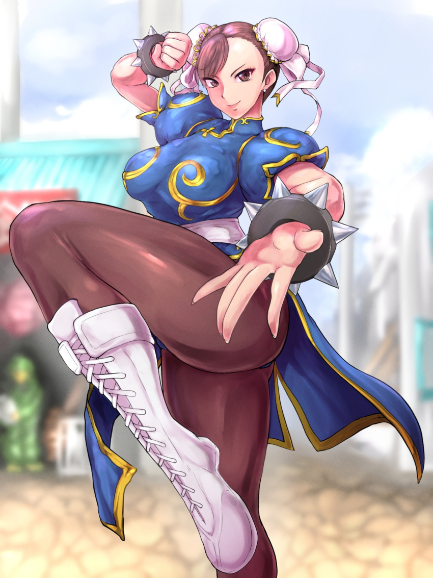 1girl architecture blue_dress blurry blurry_background boots bracelet breasts brown_eyes brown_hair brown_legwear bun_cover china_dress chinese_clothes chun-li cross-laced_footwear double_bun dress earrings east_asian_architecture fighting_stance hair_bun hair_pulled_back highres jewelry medium_breasts numeko pantyhose pelvic_curtain puffy_short_sleeves puffy_sleeves road sash short_sleeves side_slit spiked_bracelet spikes standing standing_on_one_leg street street_fighter street_fighter_ii_(series) white_footwear