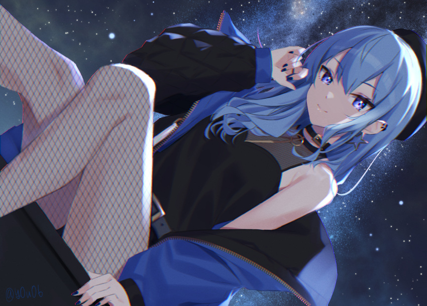 1girl arm_support armpit_crease belt beret blouse blue_eyes blue_hair blue_nails casual closed_mouth collar commentary_request dutch_angle earrings feet_out_of_frame fishnet_legwear fishnets hair_between_eyes hand_up hat highres hololive hoshimachi_suisei jacket jacket_partially_removed jewelry long_hair looking_at_viewer nail_polish off_shoulder shirt sitting sky sleeveless smile solo star_(sky) star_(symbol) star_in_eye starry_sky symbol_in_eye thighs virtual_youtuber you06