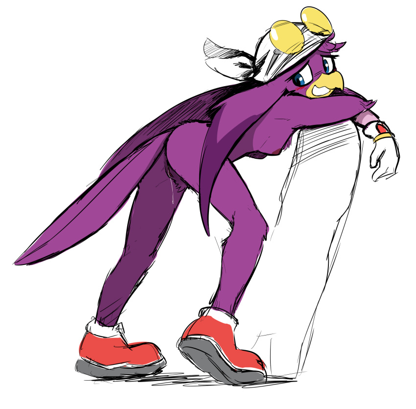 2020 absurd_res anthro avian bandanna beak bent_over bird blue_eyes blush bodily_fluids butt clothing dripping eyewear eyewear_on_head feathers female footwear genital_fluids genitals glasses glasses_on_head gloves handwear hi_res hirundinid kerchief looking_back oscine passerine purple_body purple_feathers pussy pussy_juice pussy_juice_drip sega shoes simple_background solo sonic_riders sonic_the_hedgehog_(series) swallow_(bird) the-minuscule-task wave_the_swallow white_background