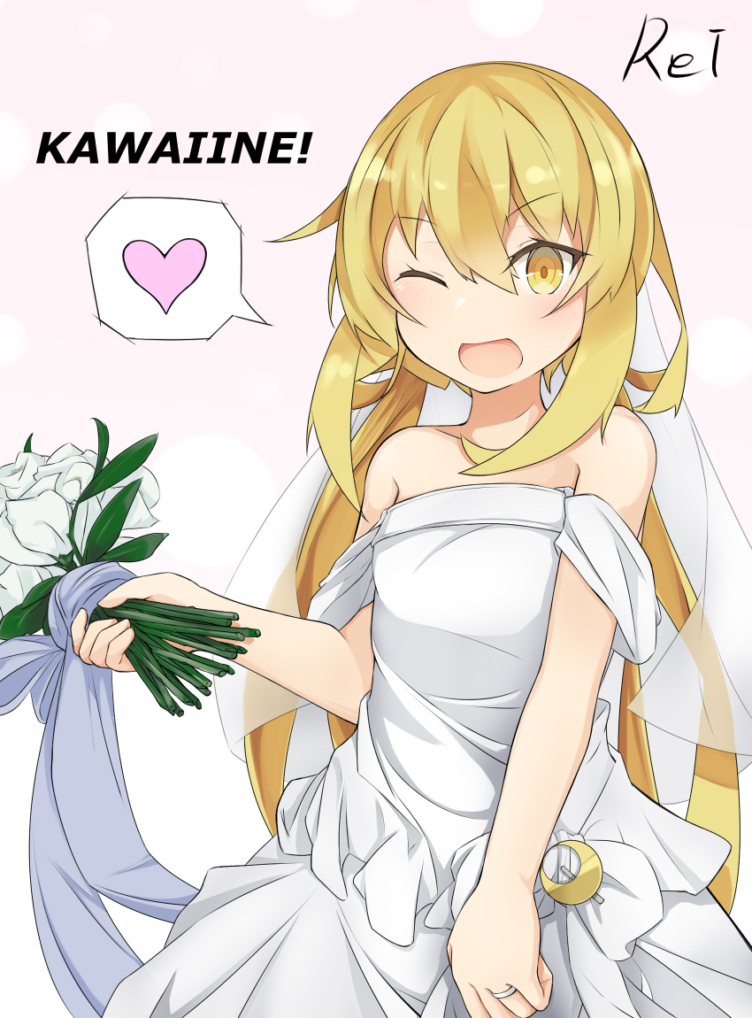 artist_name blonde_hair bouquet bridal_veil crescent crescent_pin dress etsuransha_no_rei heart highres jewelry kantai_collection long_hair looking_at_viewer one_eye_closed ring satsuki_(kancolle) simple_background smile spoken_heart twintails veil wedding_dress wedding_ring yellow_eyes