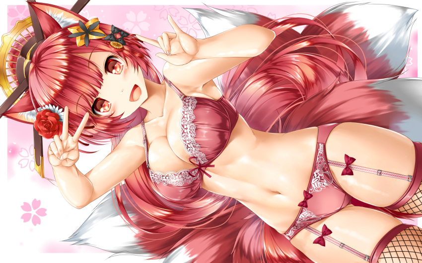 1girl :d animal_ears arm_up bow bow_bra bow_panties bra breasts cleavage fishnet_legwear fishnets floral_background flower fox_ears fox_girl fox_shadow_puppet fox_tail garter_straps gradient gradient_background hair_flower hair_ornament hand_up highres kamiya_tomoe kitsune lingerie long_hair medium_breasts navel original panties pink_background red_bow red_bra red_eyes red_flower red_hair red_panties red_rose rose smile solo tail thighhighs underwear underwear_only v very_long_hair virtual_youtuber white_background