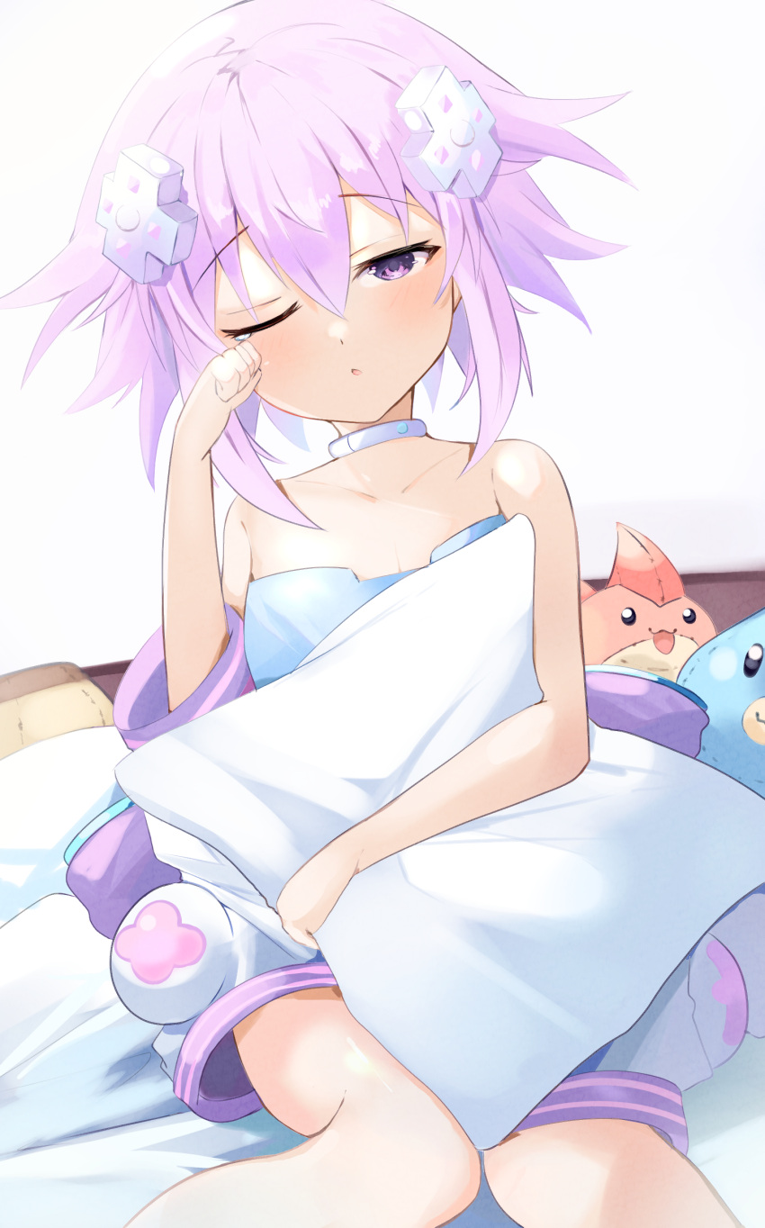 1girl absurdres bimmy blush choker d-pad d-pad_hair_ornament hair_ornament highres neptune_(neptune_series) neptune_(series) on_bed pillow purple_eyes purple_hair purple_ribbon ribbon shirt short_hair sitting sitting_on_bed sleepy solo