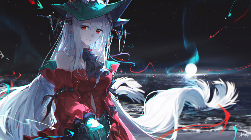 1girl 1other aqua_gloves aqua_headwear arknights ascot bare_shoulders black_ascot black_gloves breasts closed_mouth clothing_cutout cowboy_shot dated detached_sleeves fish full_moon gloves hat highres holding_hands koe_(mixpi) large_breasts long_hair long_sleeves low-tied_long_hair moon navel navel_cutout night night_sky ocean pov red_eyes signature skadi_(arknights) skadi_the_corrupting_heart_(arknights) sky smile solo_focus sparkle star_(sky) starry_sky very_long_hair water white_hair