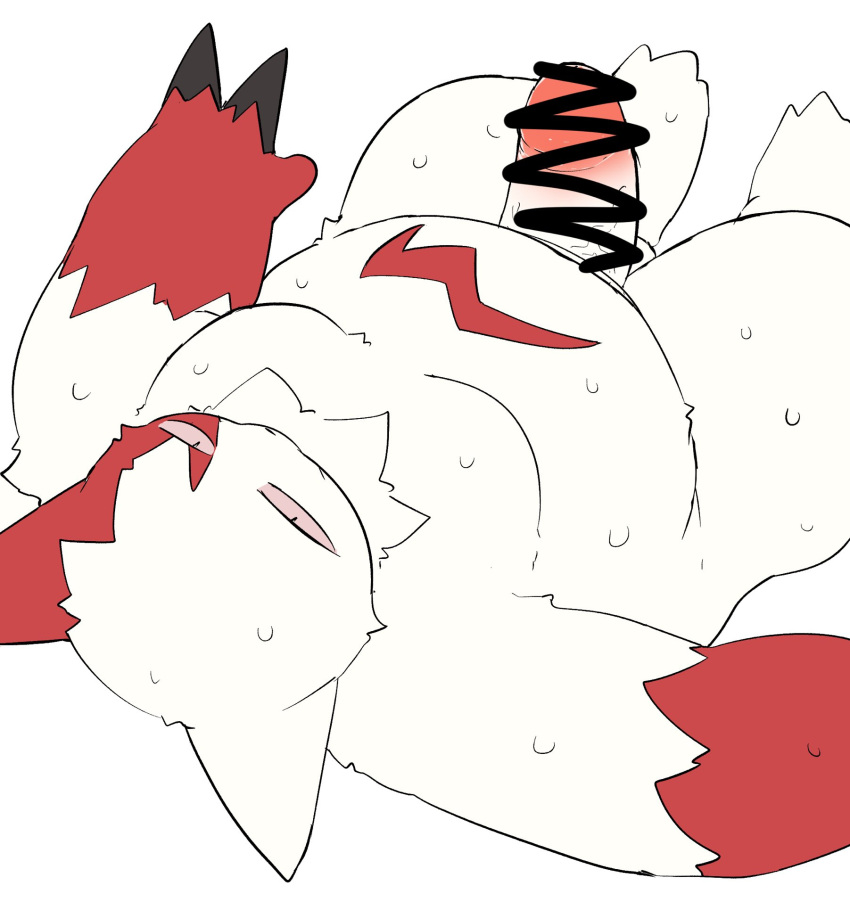 anthro belly bodily_fluids claws erection fur genitals hi_res looking_at_viewer lying male mixeeeel moobs nintendo on_back overweight penis pink_eyes pok&eacute;mon pok&eacute;mon_(species) sweat thick_thighs video_games white_body white_fur zangoose