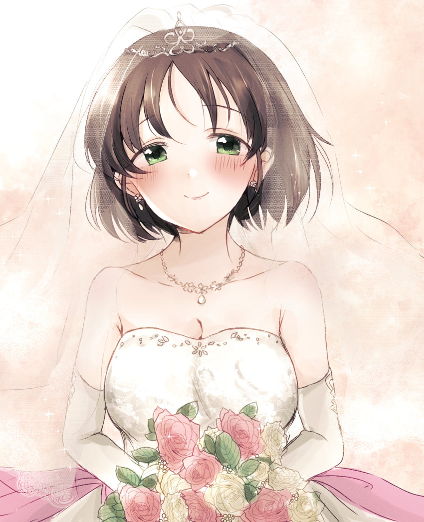 1girl ba_ra_ran black_hair blush bouquet breasts bridal_veil bride collarbone commentary dress earrings elbow_gloves gloves green_eyes harada_miyo highres idolmaster idolmaster_cinderella_girls idolmaster_cinderella_girls_starlight_stage jewelry large_breasts looking_at_viewer narrowed_eyes necklace short_hair smile solo sparkle strapless strapless_dress tiara veil wedding_dress white_background