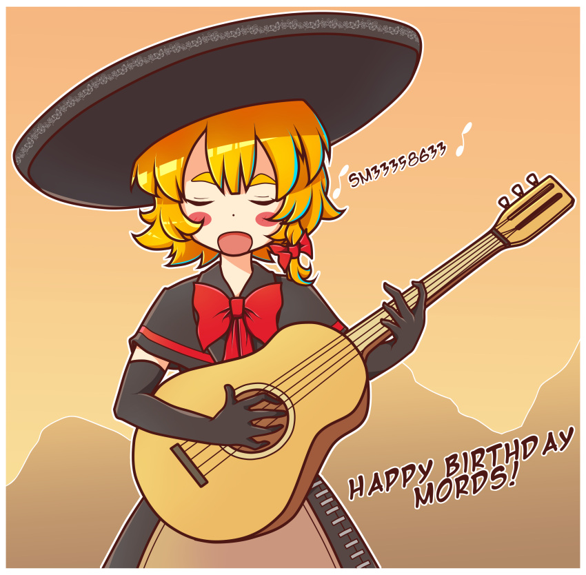 1girl absurdres acoustic_guitar blonde_hair blush_stickers bow bowtie braid closed_eyes cookie_(touhou) english_text guitar hat highres instrument majormilk mariachi meguru_(cookie) mexico music musical_note playing_instrument short_hair side_braid singing sombrero touhou