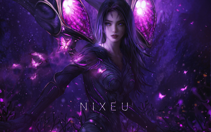 1girl artist_name bodysuit bug butterfly collarbone commentary darkness fantasy forehead glowing highres kai'sa league_of_legends lips long_hair looking_away nixeu outdoors purple_eyes purple_hair realistic solo sparkle thick_eyebrows