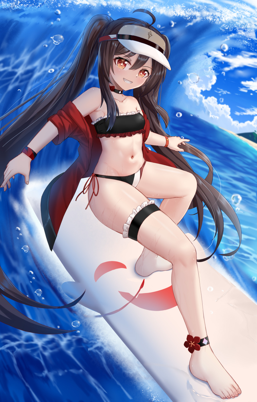 1girl ^_^ absurdres ahoge bare_shoulders barefoot bikini black_bikini blue_sky brown_hair closed_eyes feet genshin_impact ghost highres hu_tao_(genshin_impact) jacket long_hair looking_at_viewer ocean open_clothes open_jacket outdoors red_eyes red_jacket sky skym_(kumei) smile solo surfboard surfing swimsuit symbol-shaped_pupils teeth toes twintails very_long_hair visor_cap water