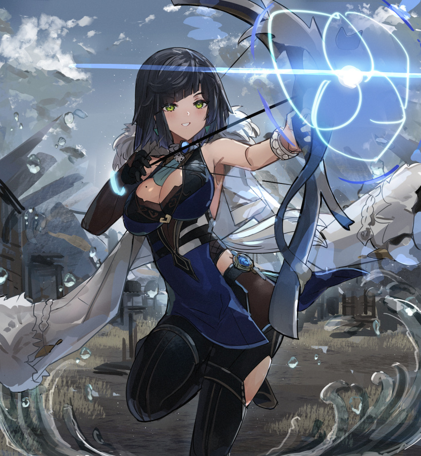 1girl :d archery bangs bare_shoulders black_hair black_legwear blue_dress blue_hair bow_(weapon) bracelet breasts cleavage clothing_cutout cloud coat commentary diagonal_bangs dice dress earrings elbow_gloves fur_trim gem genshin_impact gloves glowing green_eyes highres holding holding_bow_(weapon) holding_weapon jewelry light_particles medium_breasts medium_hair mole mole_on_breast off_shoulder open_mouth outdoors outstretched_arm single_elbow_glove sky sleeveless sleeveless_dress smile solo sparkle standing standing_on_one_leg tassel teeth the_olphy village water weapon white_coat yelan_(genshin_impact)