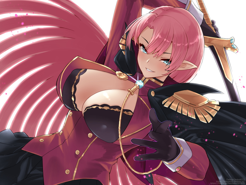 1girl aiguillette arms_behind_back azur_lane batsu black_bra black_cape black_gloves black_skirt blue_eyes bra bra_peek breasts buttons cape cleavage double-breasted duke_of_york_(azur_lane) dutch_angle epaulettes gloves gold_trim jacket large_breasts long_hair looking_at_viewer pink_hair pointy_ears popped_collar red_jacket simple_background skirt solo underwear very_long_hair white_background