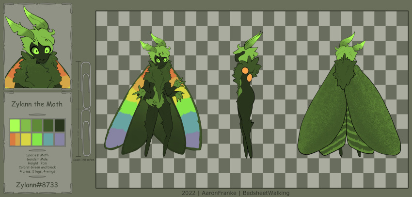 2022 4_arms 4_wings absurd_res antennae_(anatomy) anthro arthropod bedsheetwalking black_body black_fur color_swatch fur green_antennae green_background green_body green_eyes green_fur green_hair green_head green_sclera green_wings hair hi_res insect lepidopteran male measurements model_sheet moth multi_arm multi_limb multi_wing neck_tuft nude paper_clip rainbow_wings simple_background solo tuft wings zylann